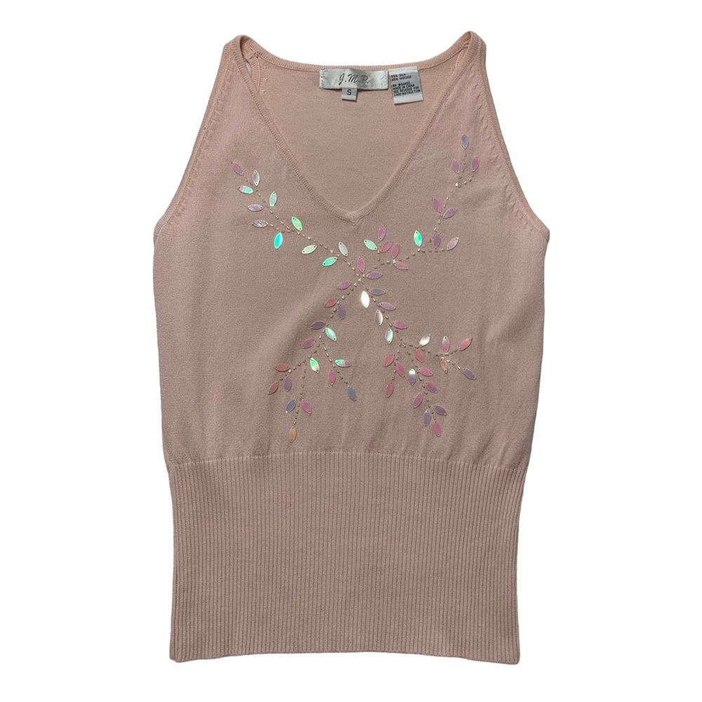 Vintage Pink Silk Blend Knit Iridescent Sequin Tank Top Blouse